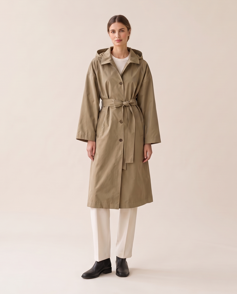 Waterproof Hooded Trench Coat for Women — studio front, belted