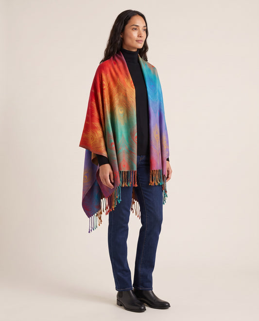 Women's Cashmere Blend Wrap Scarf in Gold — three-quarter view, draped open as a shawl