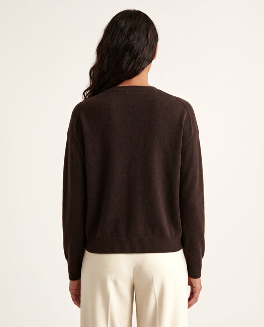 Women's Cashmere V-Neck Sweater in Espresso Brown, studio back