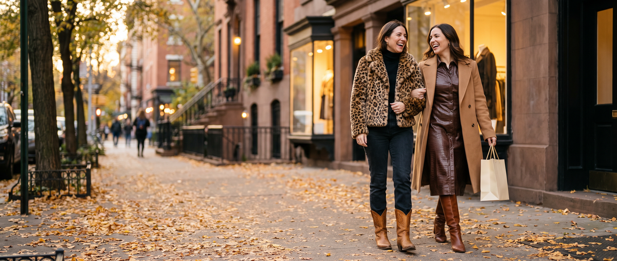 Two friends in a leopard faux fur coat, cowboy boots and a croc midi dress walking in the West Village in autumn