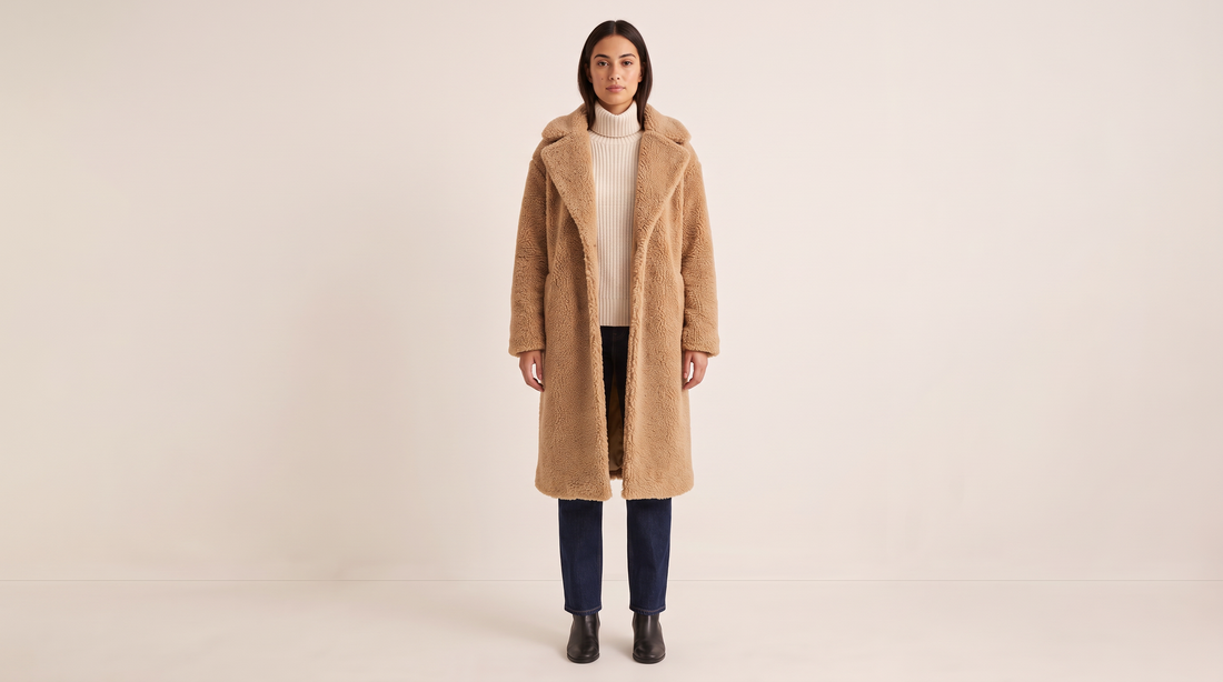 Long camel teddy coat for women in faux shearling with notched lapel
