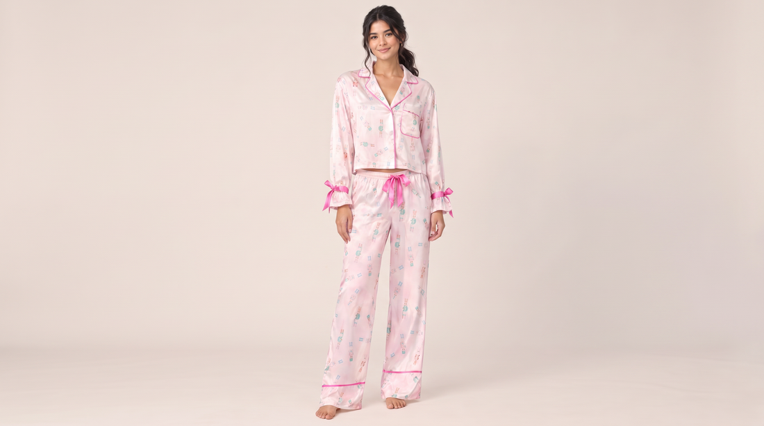 Satin bow-cuff button-up Christmas pajama set for women