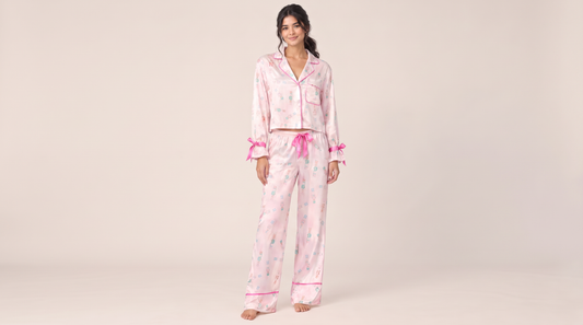 Satin bow-cuff button-up Christmas pajama set for women