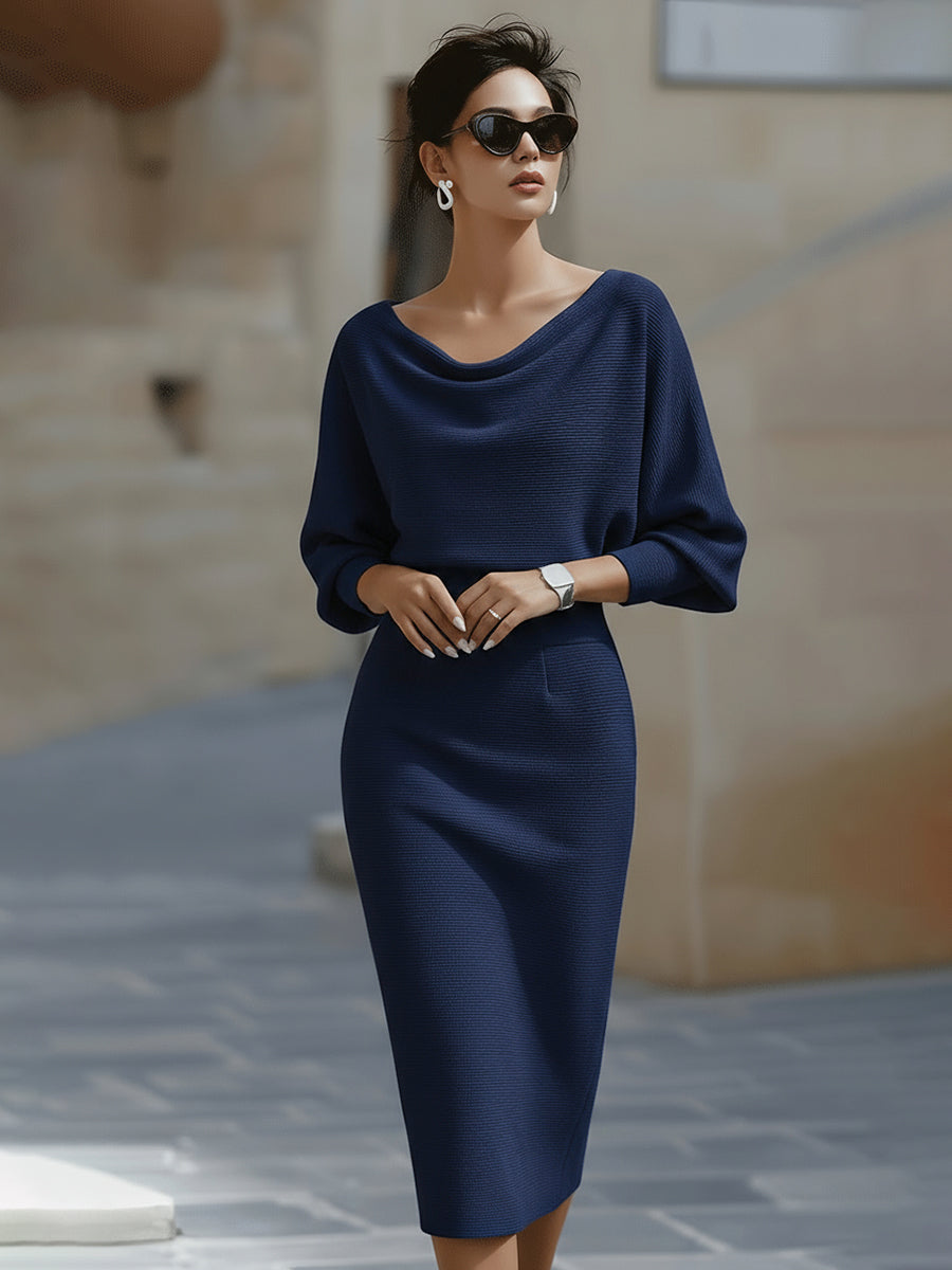 Women's Draped Batwing Sleeve Knit Midi Dress with Cowl Neck in Navy Blue