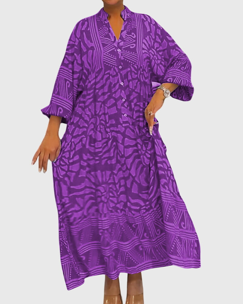 Women's Printed V-Neck Maxi Dress with Half Sleeves in Purple