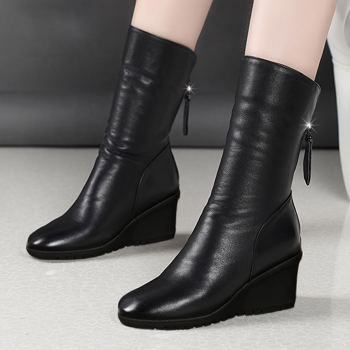 Women's Black Mid-Calf Hidden Wedge Boots, view 4