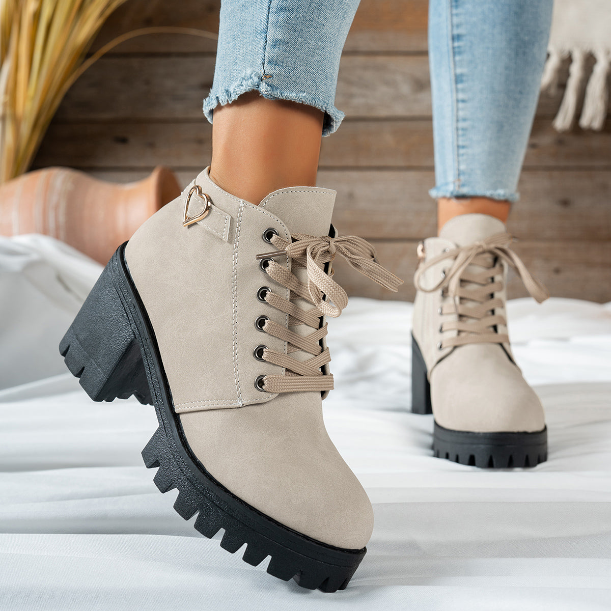 Women's Lace-Up Block Heel Ankle Boots with Heart Hardware, view 2