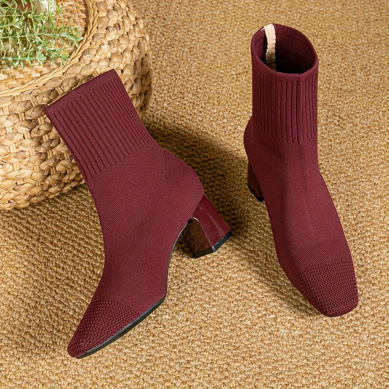 Women's Stretch Knit Sock Ankle Boots with Square Toe and Block Heel in Red