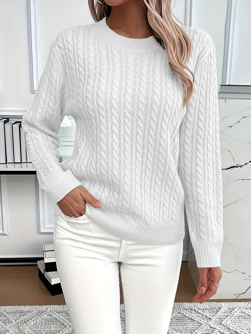 Women's Cable Knit Sweater, Ribbed Trim Crew Neck Pullover