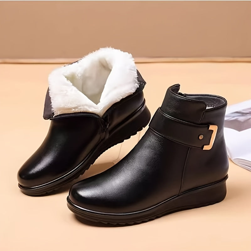 Women's Black Fleece-Lined Flat Buckle Ankle Boots