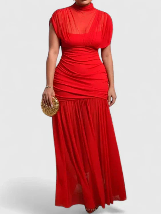 Women's High Neck Draped Maxi Dress with Adjustable Straps in Red