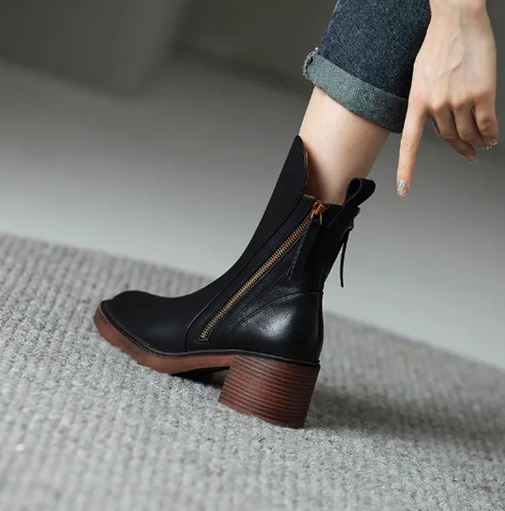 Women's Leather Block Heel Side-Zip Ankle Boots with Round Toe, view 4