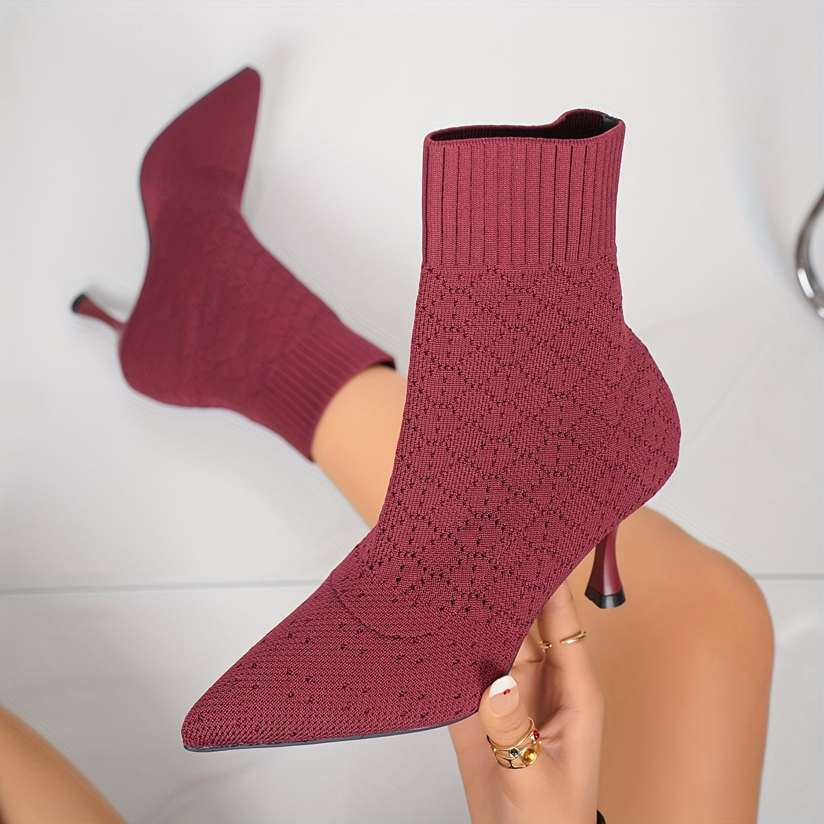 Women's Pointed-Toe Stretch Sock Ankle Boots in Burgundy