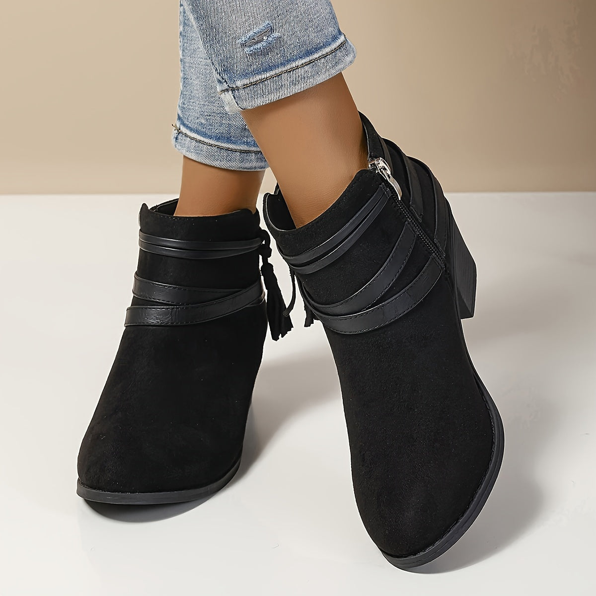 Women's Pointed Toe Tassel Wrap Ankle Boots with Block Heel, view 4
