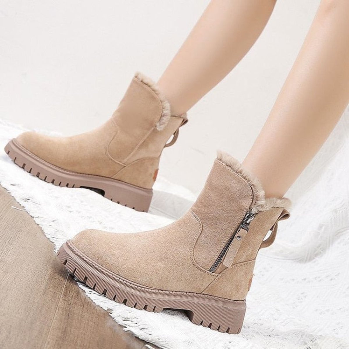 Women's Fleece-Lined Suede Pull-On Ankle Boots with Chunky Sole, view 3