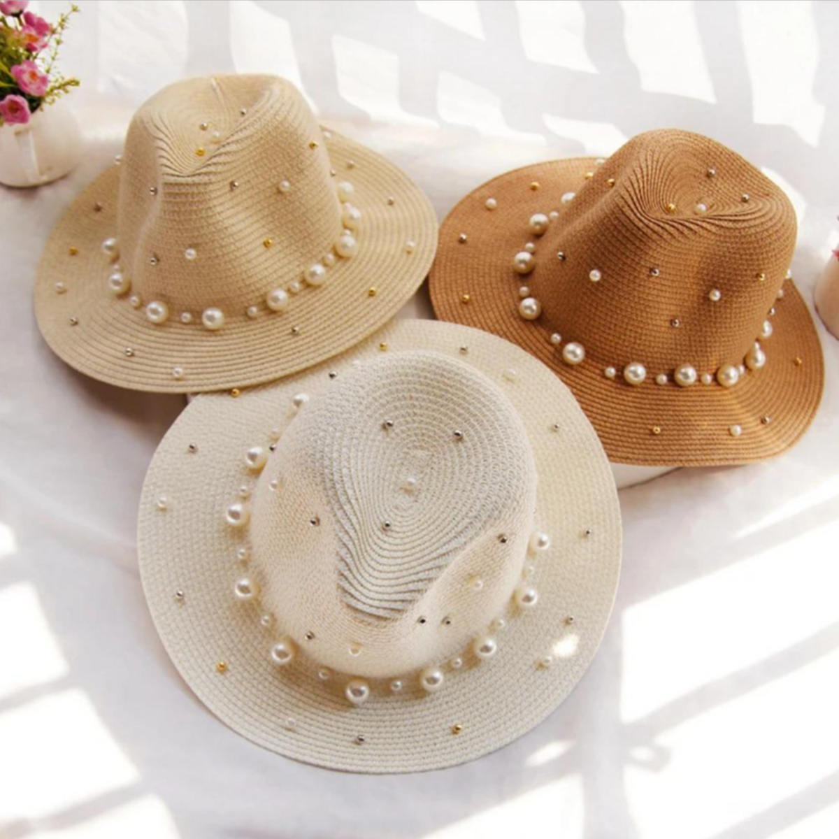 Women's Straw Fedora Sun Hat with Pearl Trim