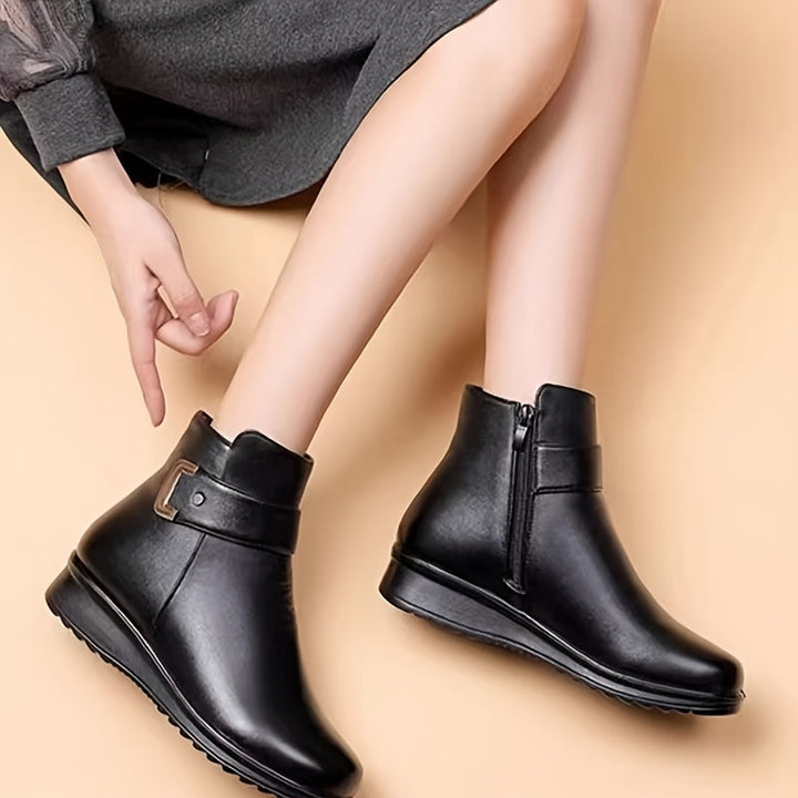 Women's Winter Ankle Boots, Buckle Strap Fleece Lined Flat Booties
