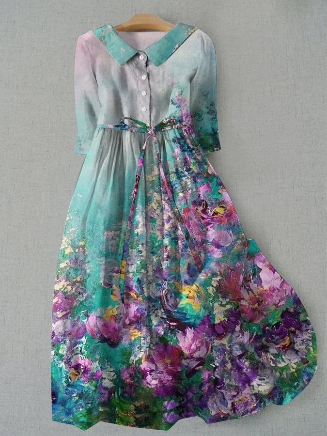 Women's Floral Print Midi Dress with Lace-Up Waist