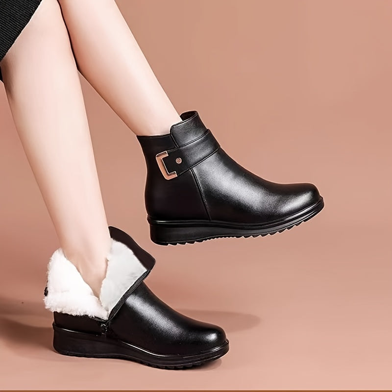 Women's Black Fleece-Lined Flat Buckle Ankle Boots, view 5