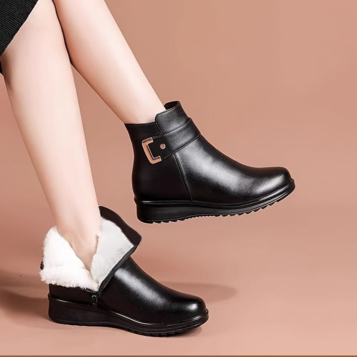 Women's Winter Ankle Boots, Buckle Strap Fleece Lined Flat Booties