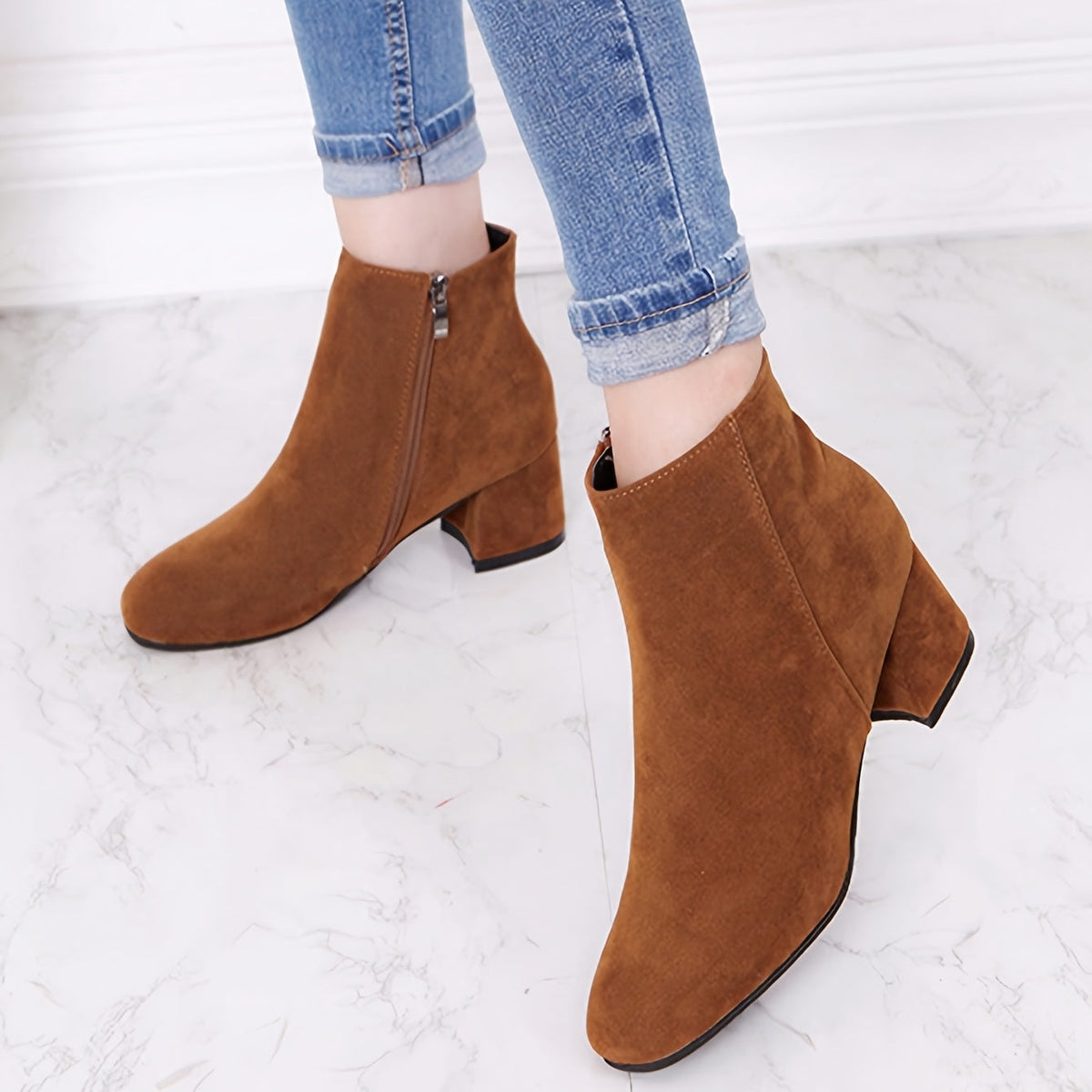 Women's Faux Suede Side-Zip Chelsea Ankle Boots with Low Block Heel, view 4
