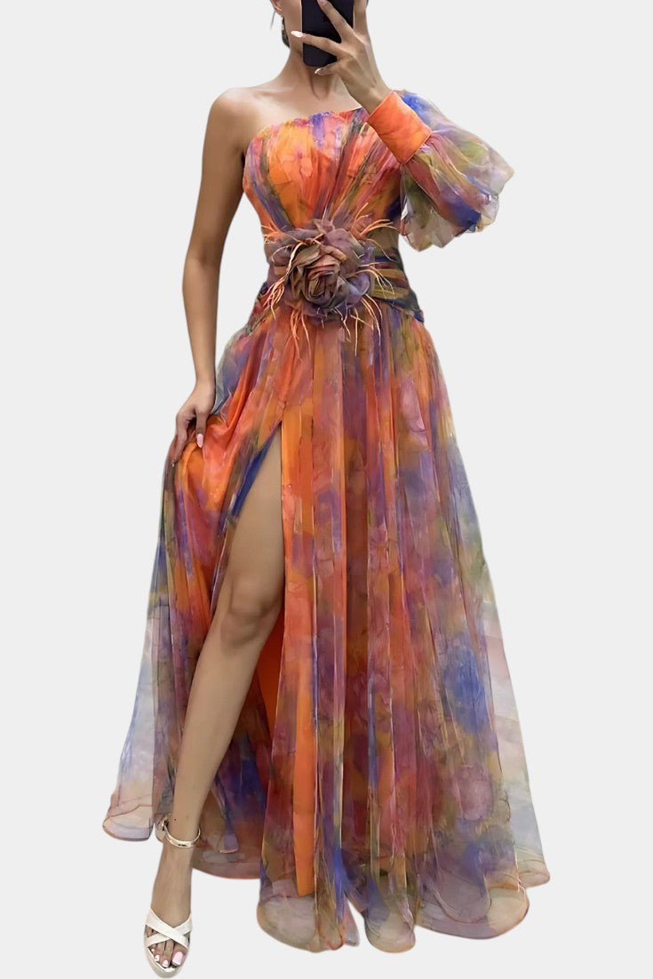 Women's One-Shoulder Maxi Gown with Draped Slit and Floral Applique in Orange