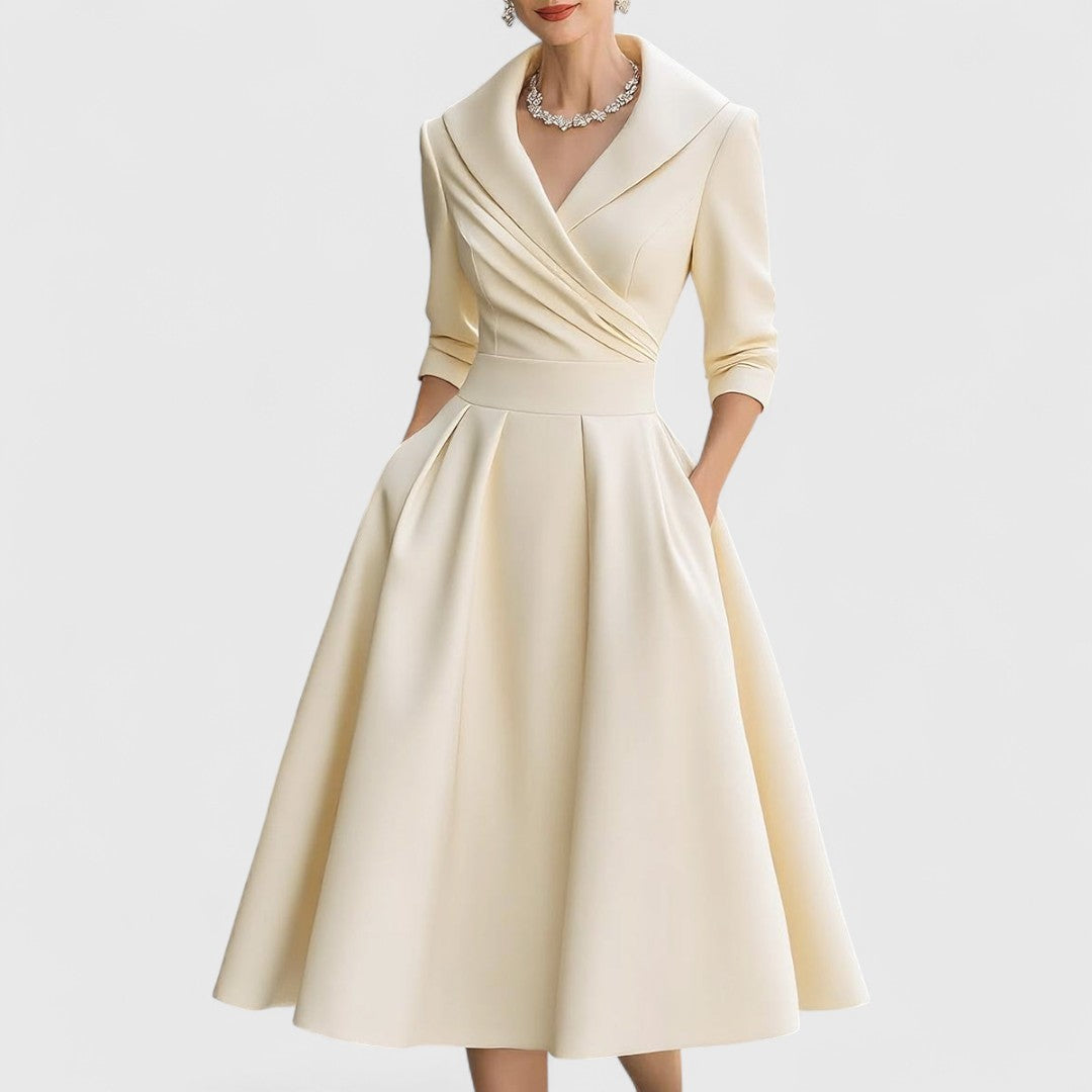 Women's Wrap V-Neck Midi Dress with Pockets and 3/4 Sleeves in Beige