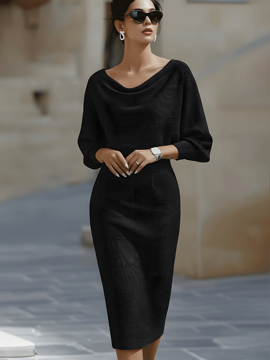 Women's Draped Batwing Sleeve Knit Midi Dress with Cowl Neck, view 2