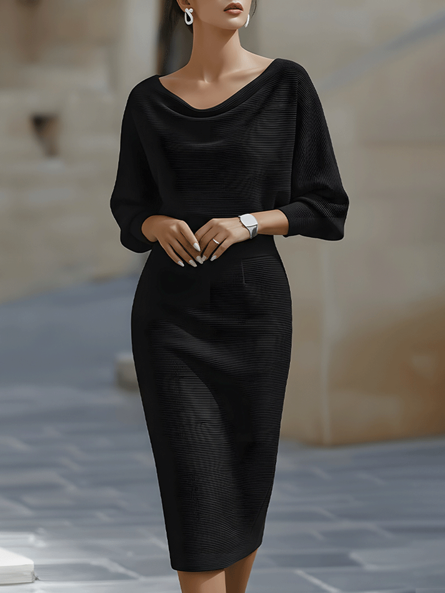 Women's Draped Batwing Sleeve Knit Midi Dress with Cowl Neck in Black