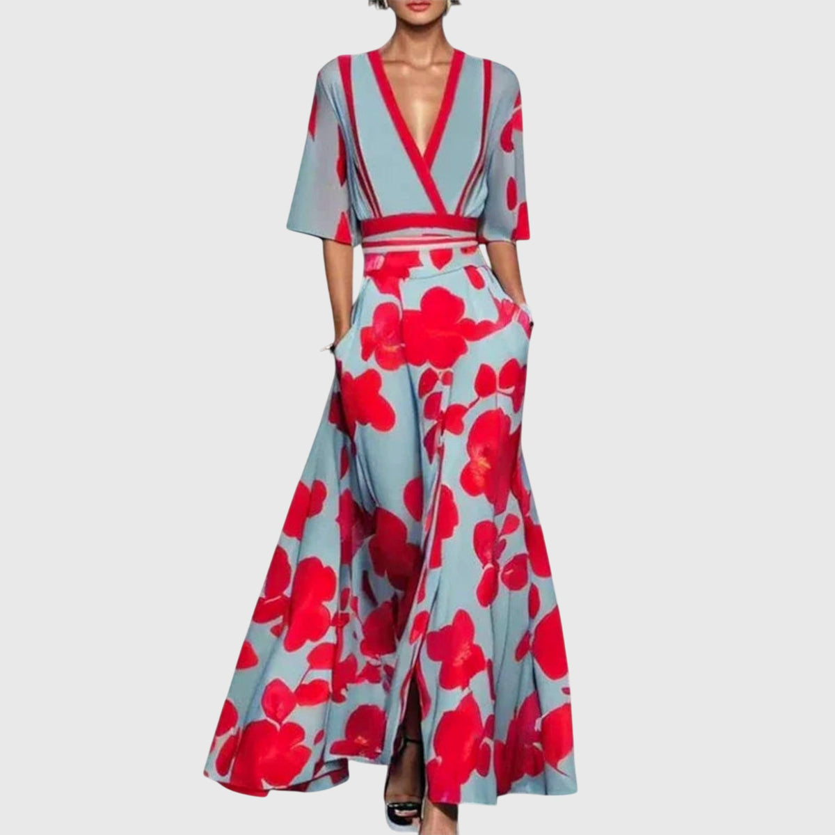 Women's Tailored Elegant Day-to-Evening Midi Dress in Blue Red