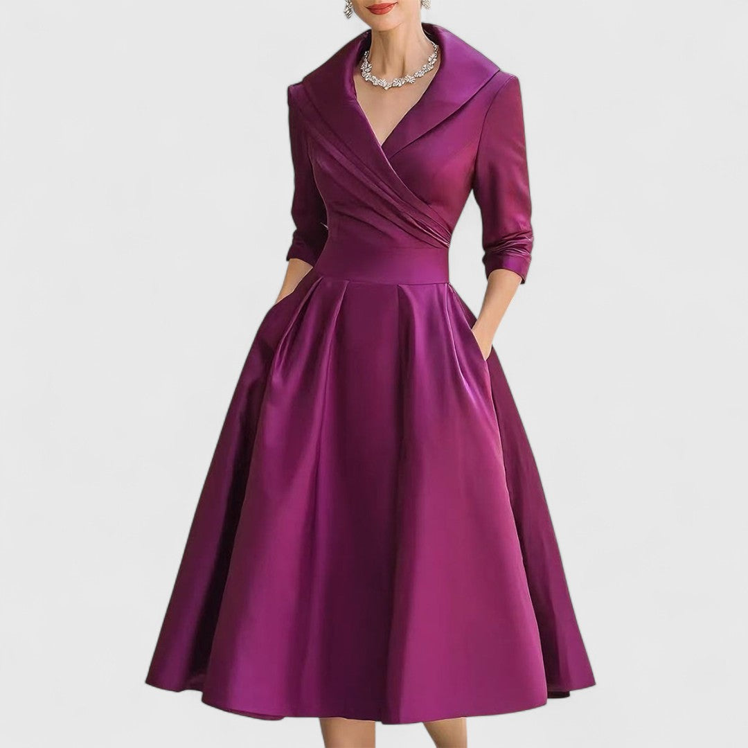 Women's Wrap V-Neck Midi Dress with Pockets and 3/4 Sleeves in Purple