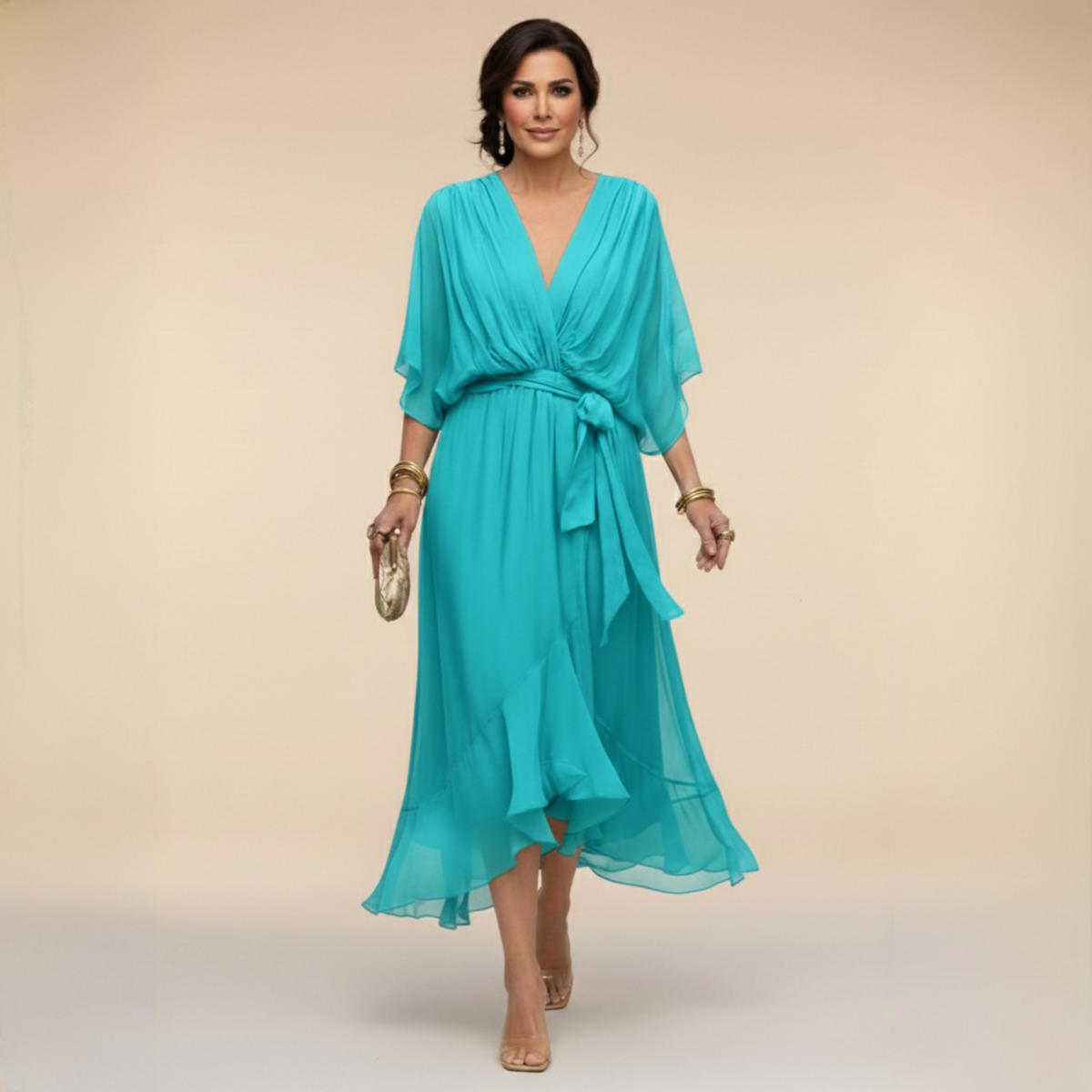 Women's Lightweight Chiffon V-Neck Midi Dress in Navy Blue