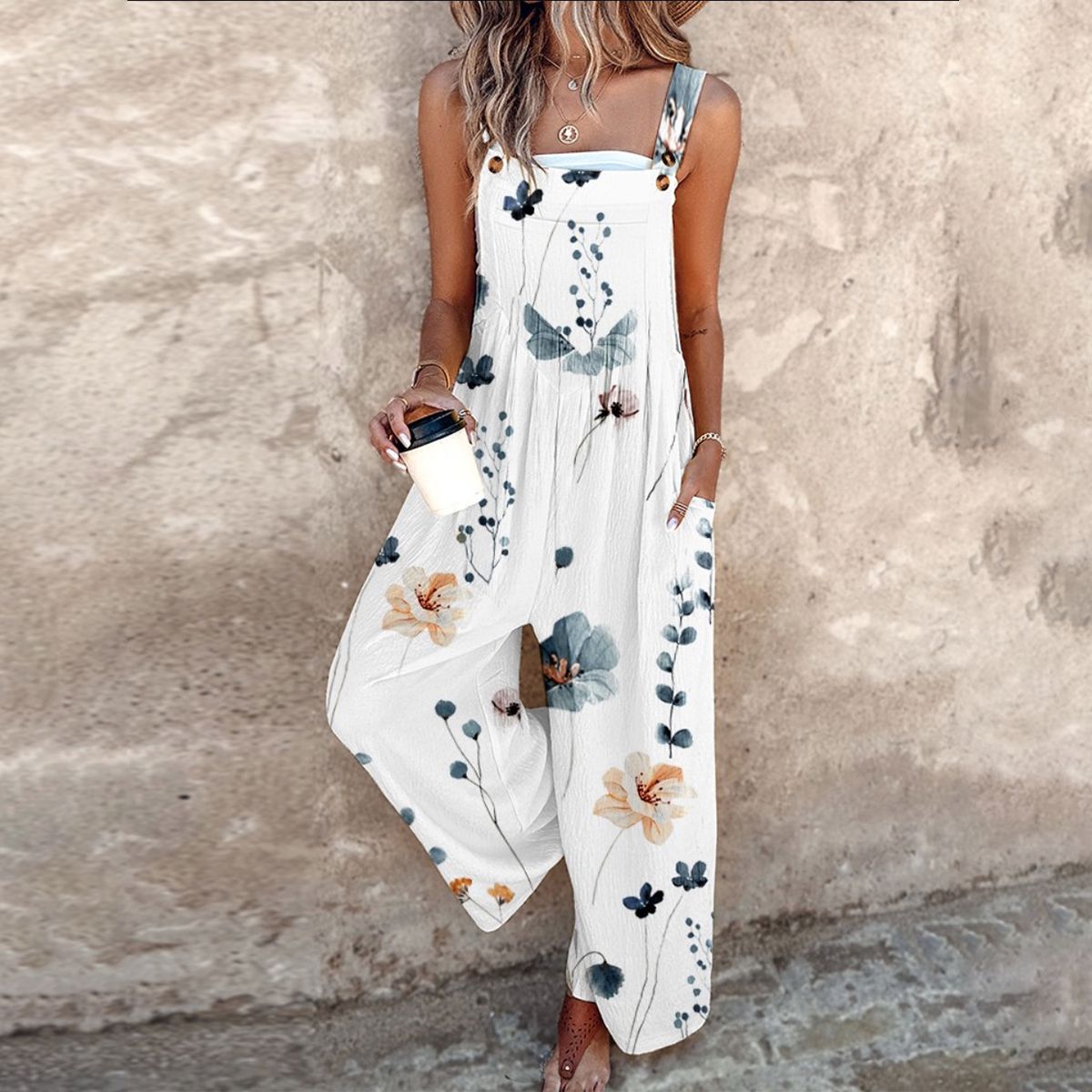 Odile Printed Wide-Leg Overalls with Adjustable Straps in White