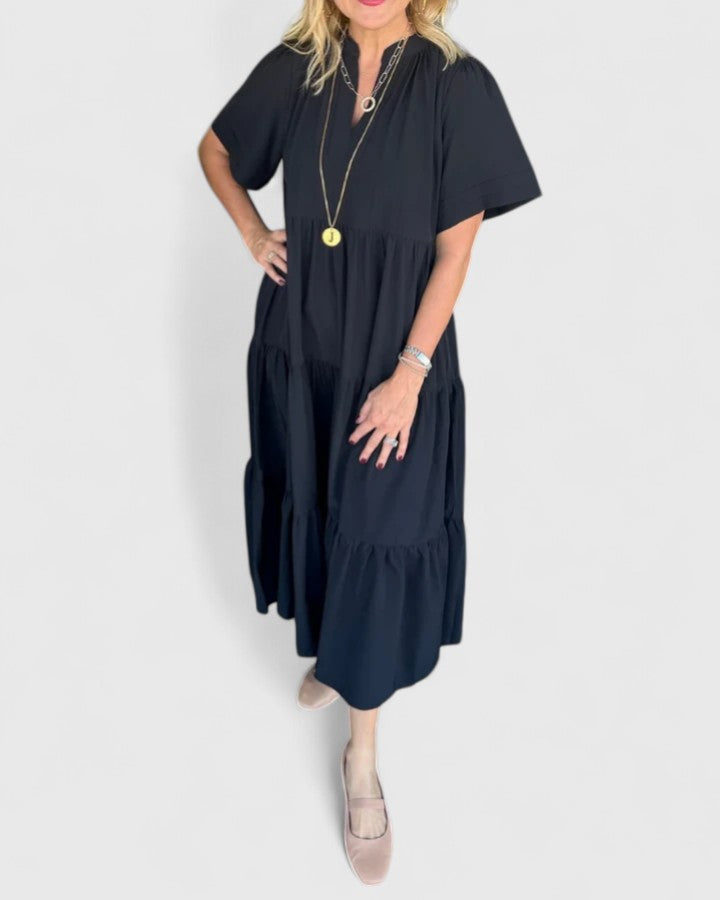 Women's Flared Maxi Dress with Side Pockets in Black
