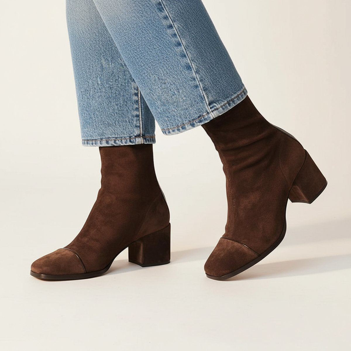 Women's Dark Brown Suede Square Toe Block Heel Ankle Boots, view 3
