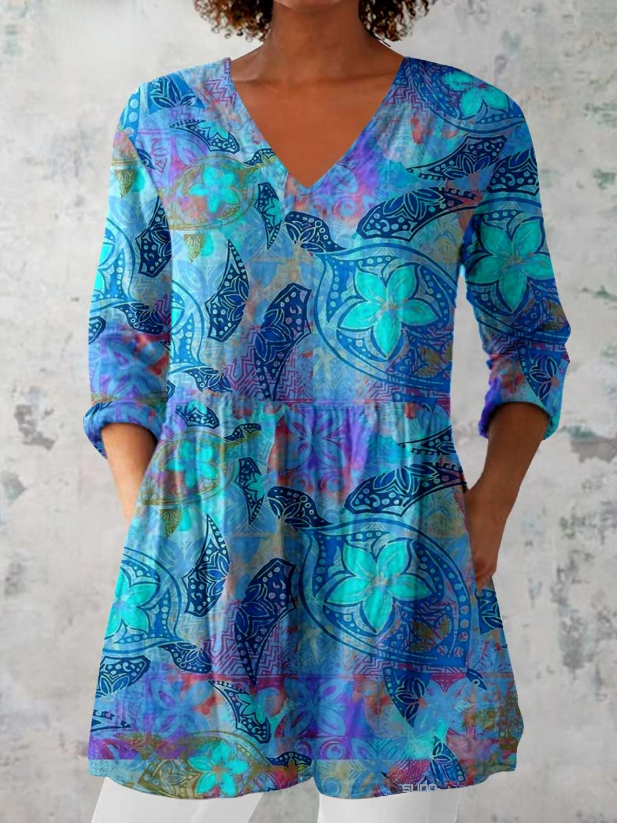 Women's Blue Long V-Neck Tunic Blouse