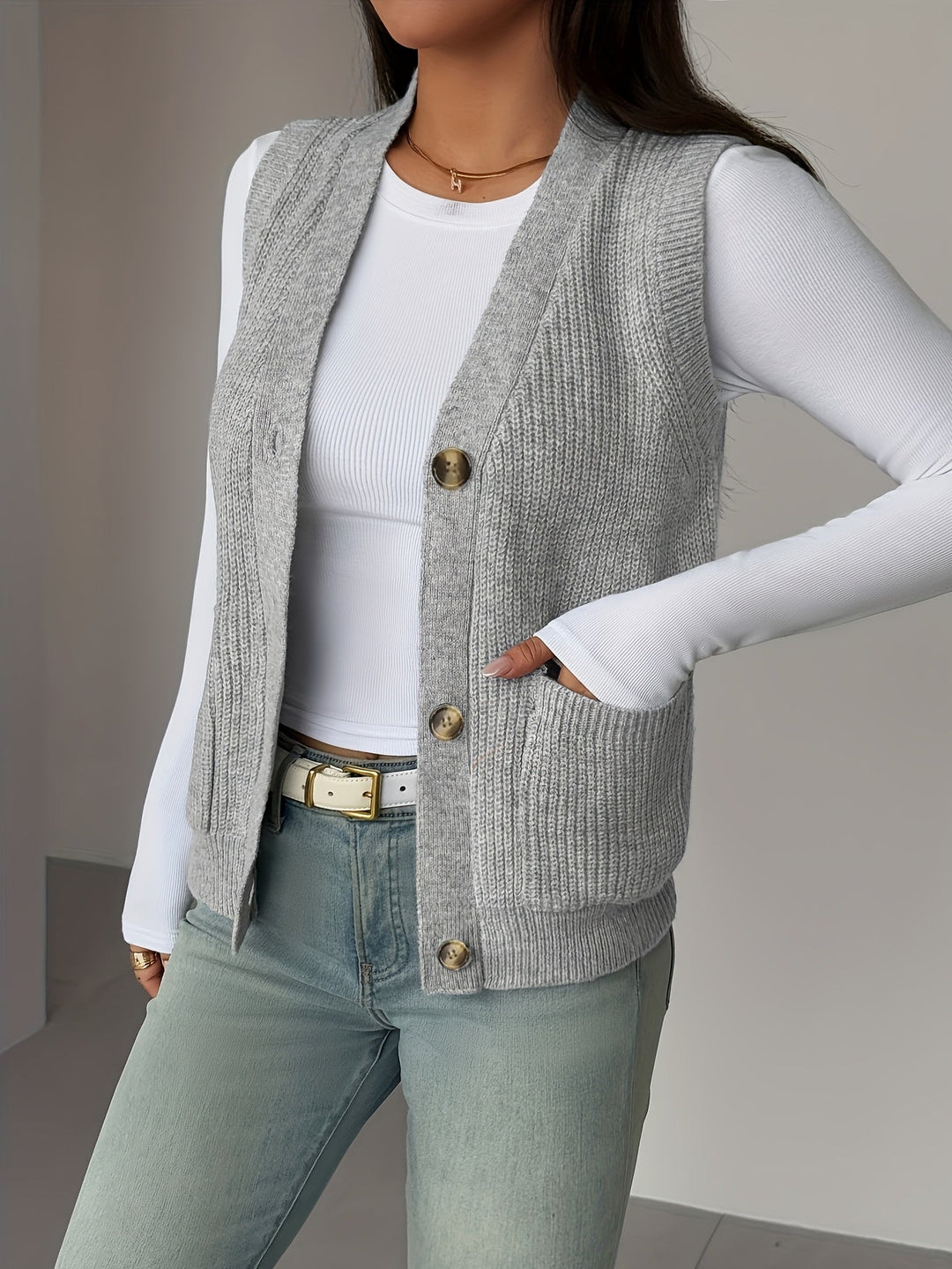 Women's Knit Vest, Button Front V Neck Sleeveless Sweater