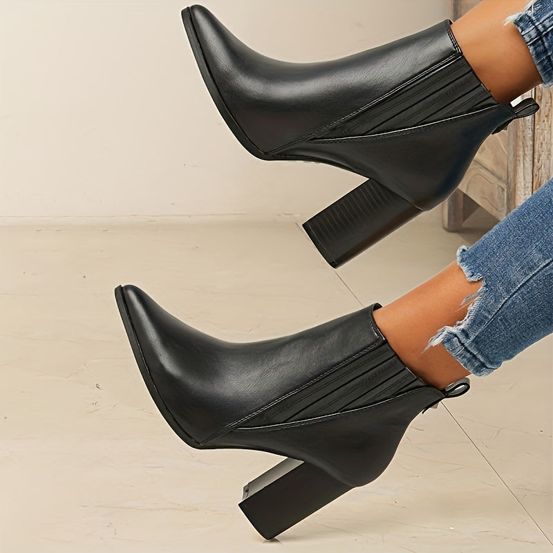 Women's Pointed Toe Pull-On Ankle Boots with Square Block Heel in Black