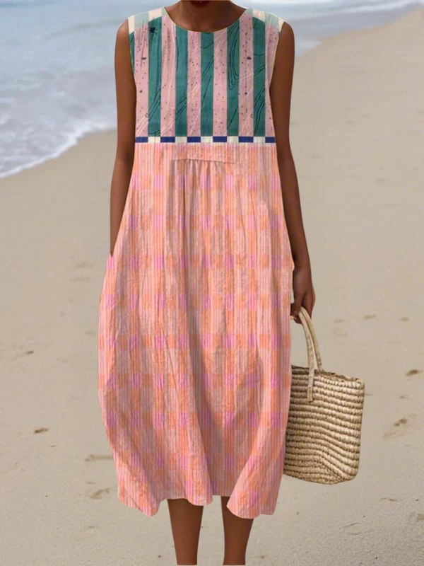 Women's Pastel Stripe and Check Sleeveless Midi Dress in Multicolor