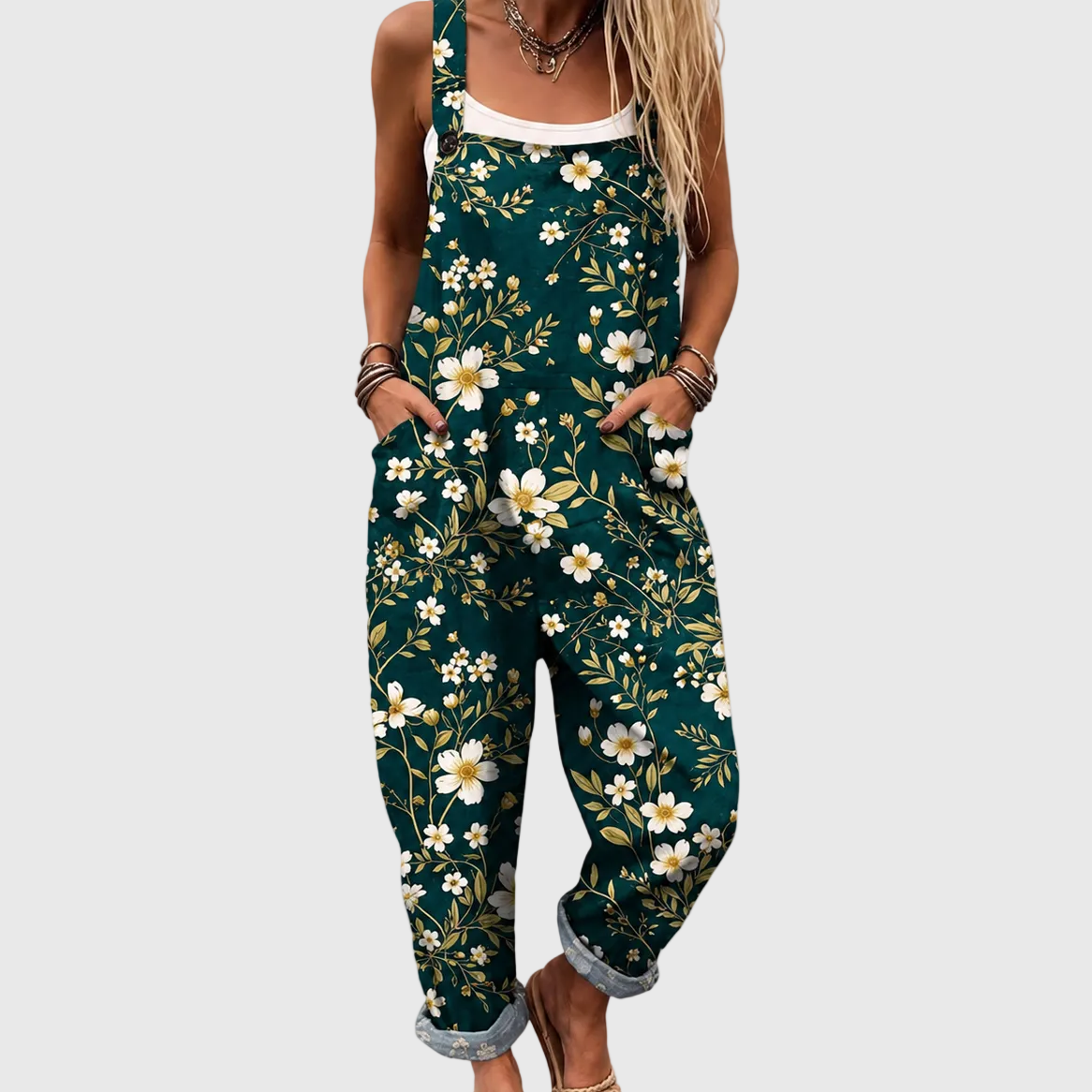 Women's Emerald Green Floral Jumpsuit with Side Pockets