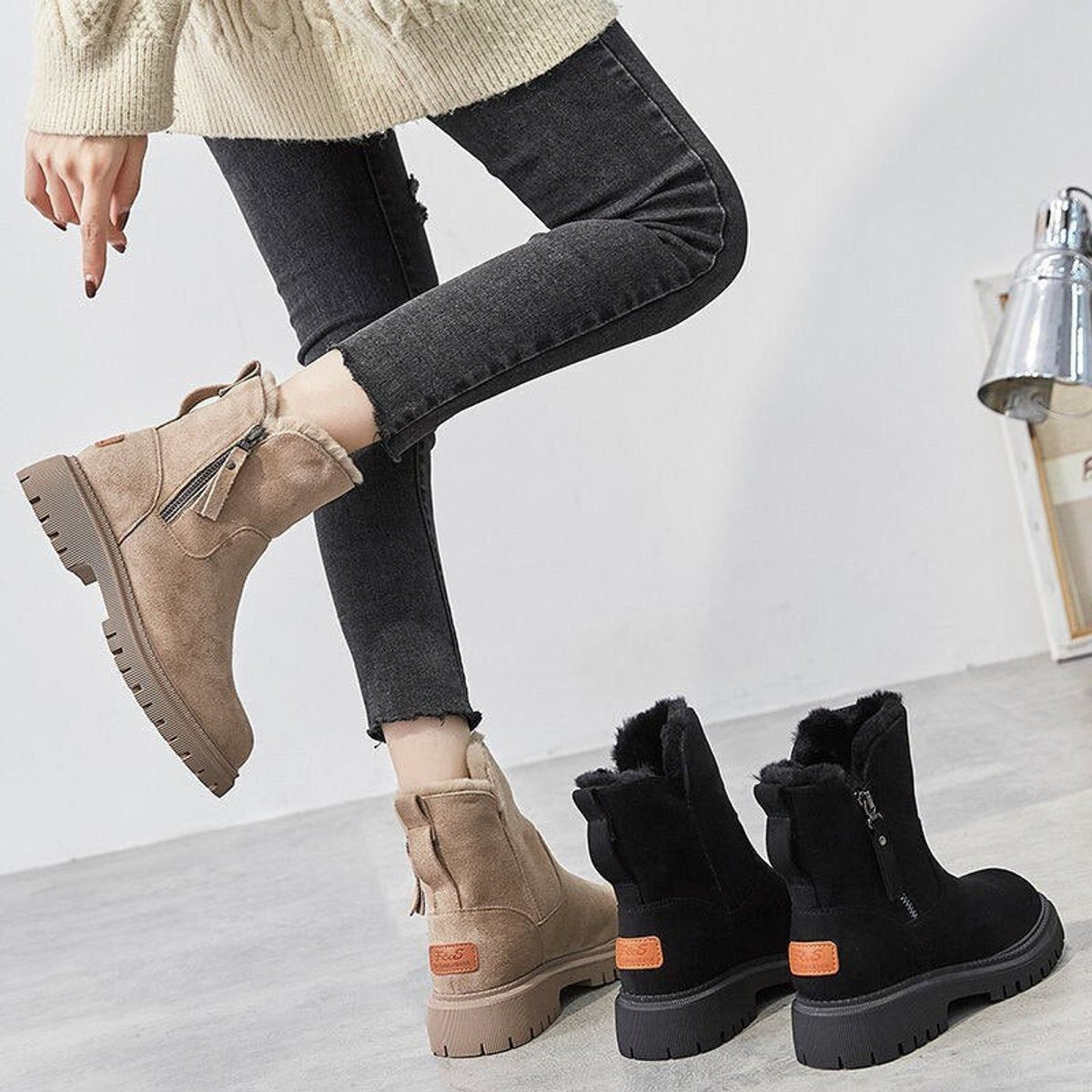 Women's Fleece-Lined Suede Pull-On Ankle Boots with Chunky Sole, view 2