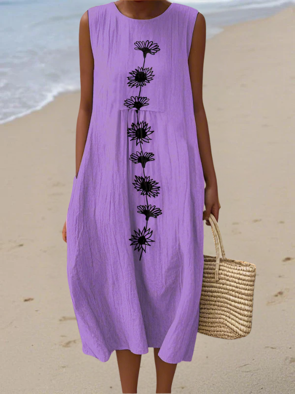 Women's Violet Sleeveless Midi Dress with Floral Embroidery in Multicolor
