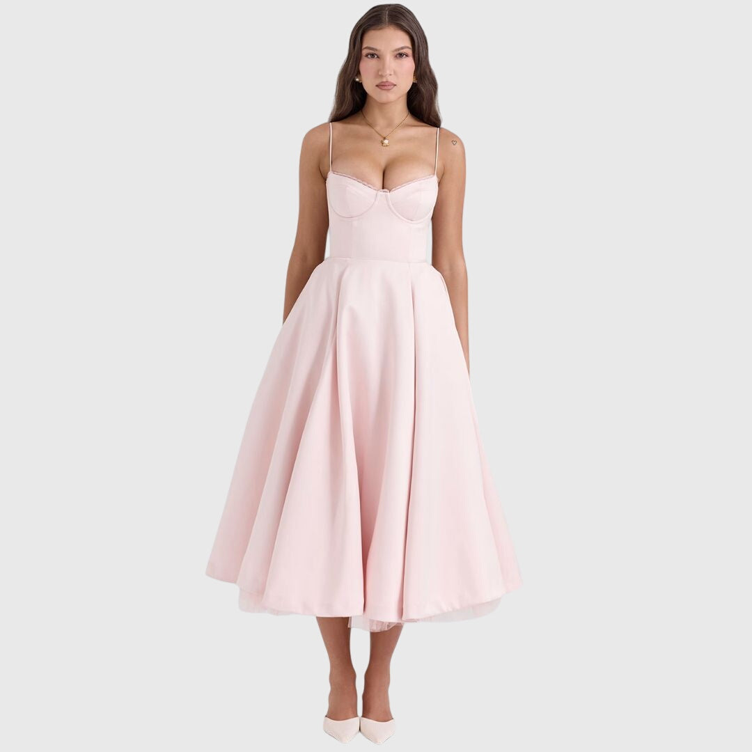 Women's Lined Maxi Dress with Pockets and Adjustable Straps in Pink