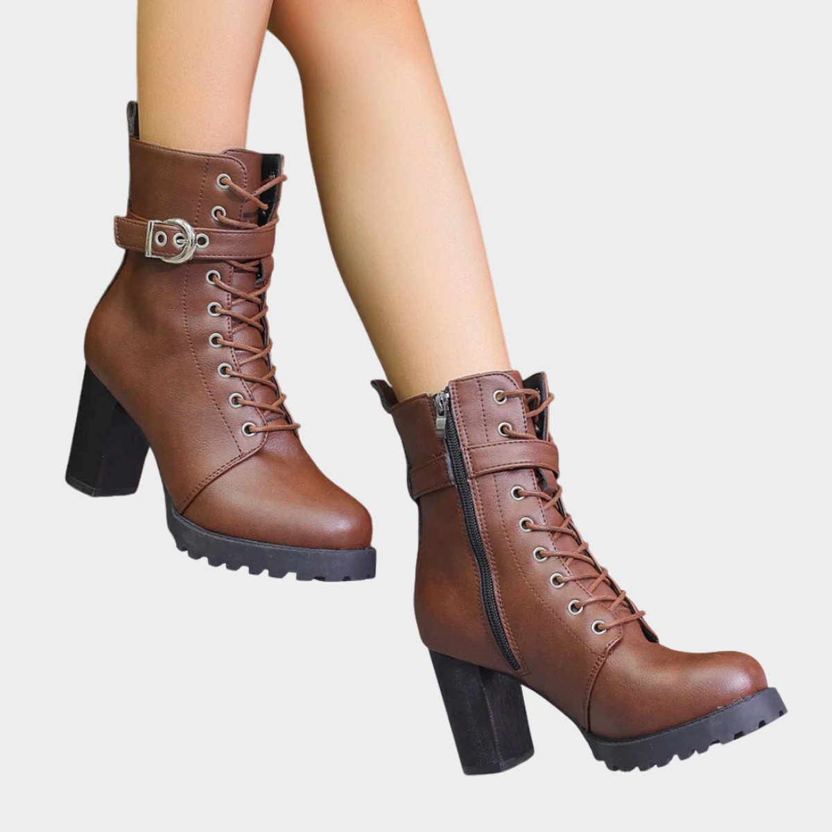 Women's Lug Sole Combat Ankle Boots with Metal Eyelets and Side Buckle, view 5
