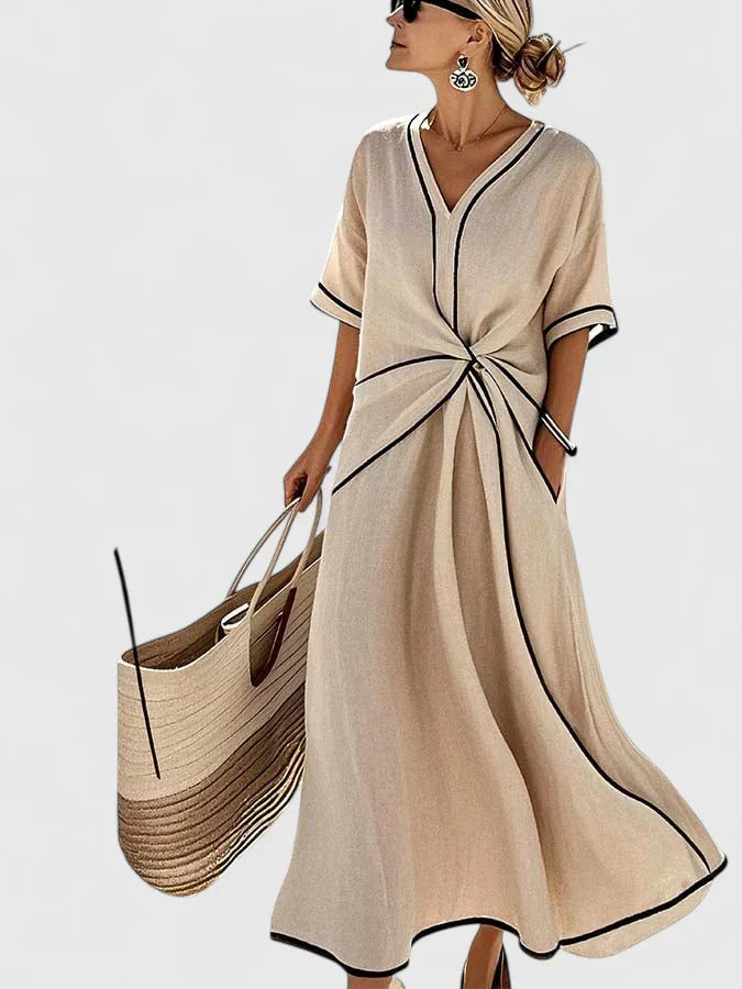 Women's Vertical Striped Lightweight Midi Dress in Beige