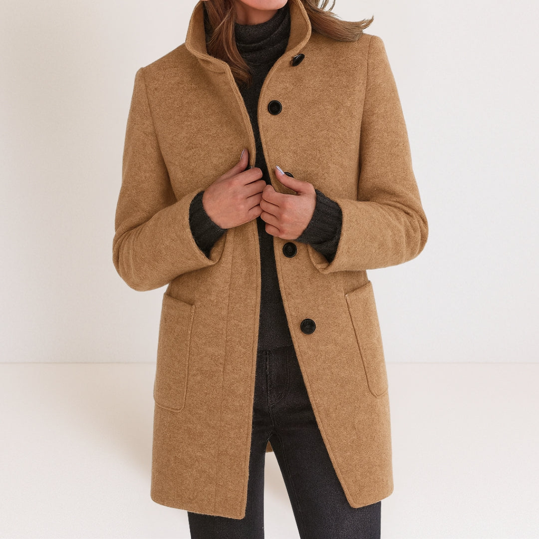 Women's Wool Blend Coat, Stand Collar Winter Overcoat with Pockets