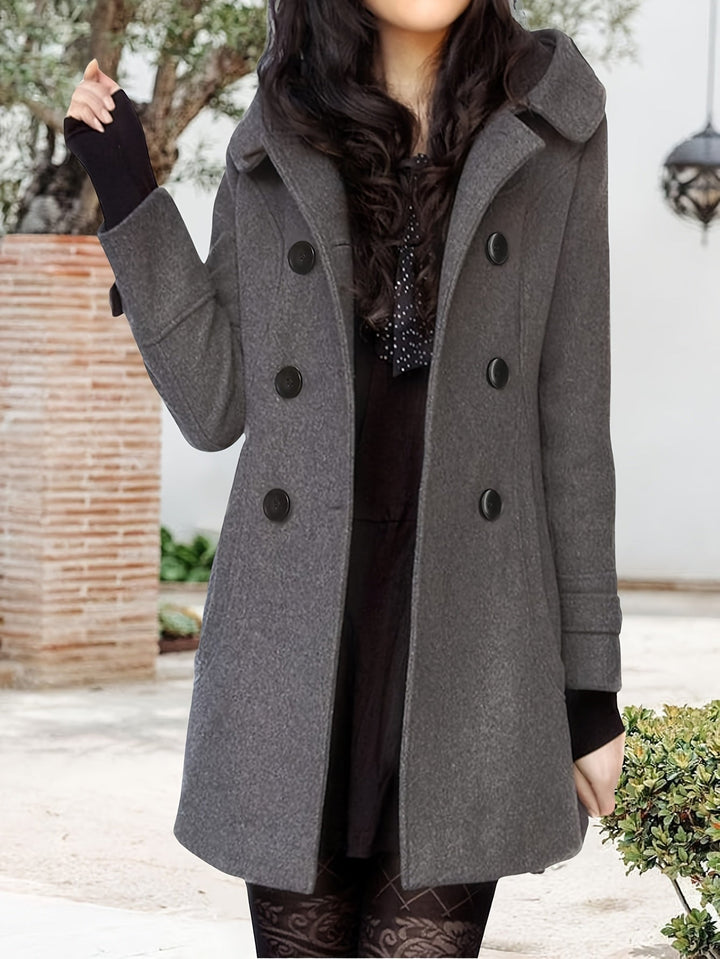 Women's Hooded Coat, Double Breasted Mid Length Winter Overcoat