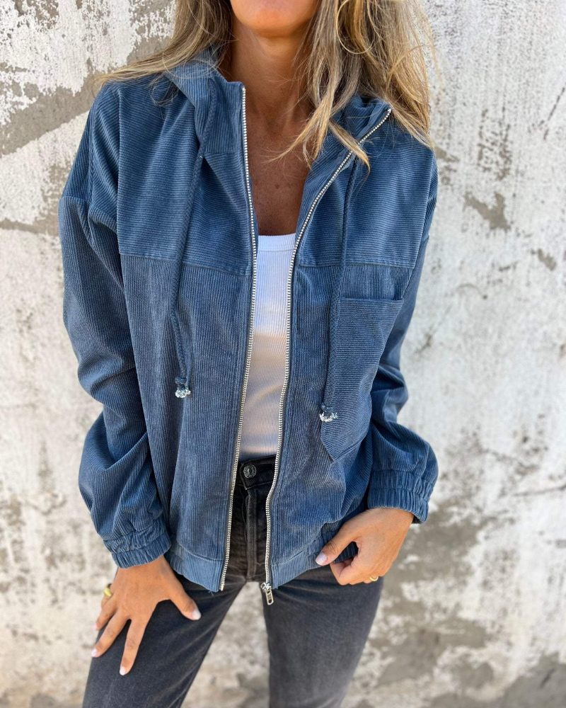 Women's Corduroy Jacket with Hood, Zip Up Casual Fall Outerwear Plus Size