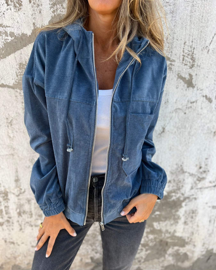 Women's Corduroy Jacket with Hood, Zip Up Casual Fall Outerwear Plus Size