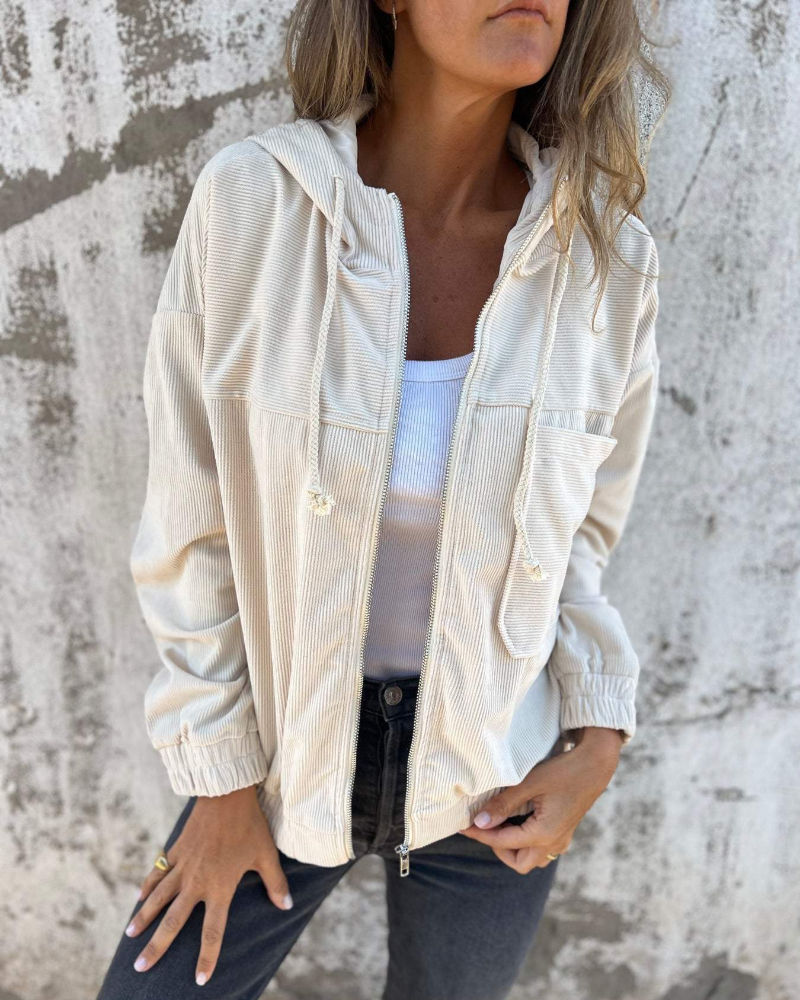 Women's Corduroy Jacket with Hood, Zip Up Casual Fall Outerwear Plus Size